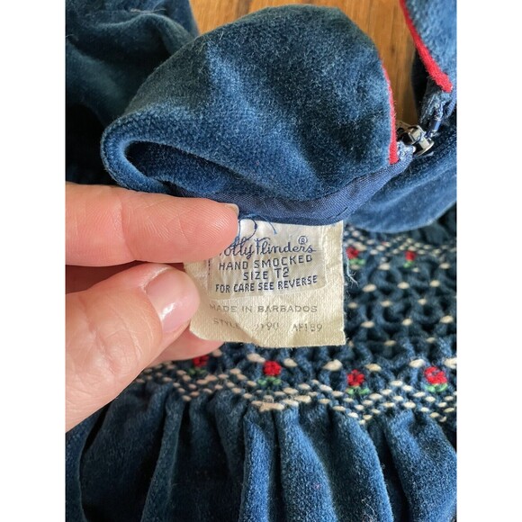Polly Flinders Vintage Hand Smocked Blue Velvet Dress Size 2T Has Been Altered - Picture 4 of 7